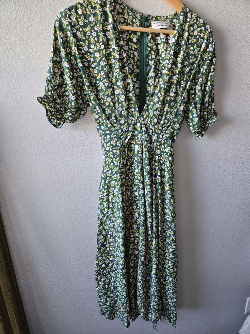 Faithfull the Brand Anthropologie Green Floral Wrap Midi Dress with Puff Sleeve - Picture 5 of 11